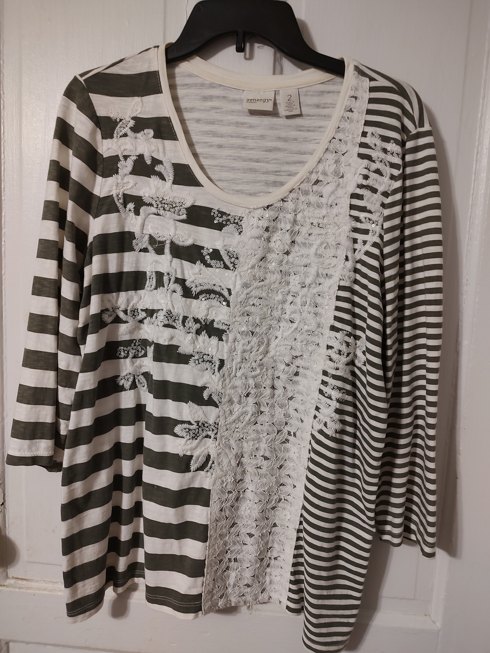 Chico's Olive & White Striped Long Sleeve Scoop Neck Top with Lace